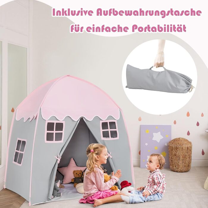 Дитячий ігровий будиночок GOPLUS, XL, 143x100x155 см, з сумкою, килимком, дверцятами на блискавці та 4 вікнами, для 2-3 дітей від 3 років (Рожевий)