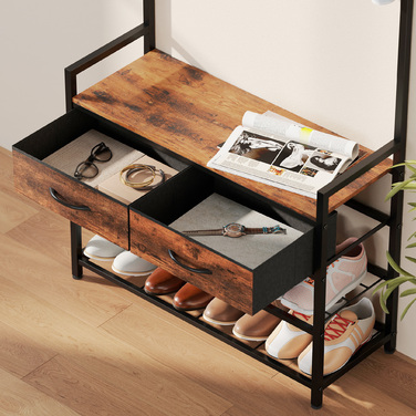 Вішалка для одягу з гачками, лавка для взуття, індустріальний органайзер для передпокою, сталевий каркас, рустикально-коричневий