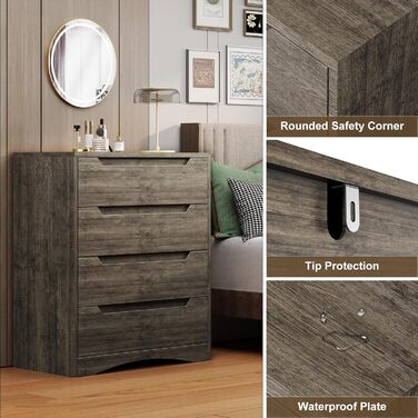 Комод Bealife для спальні з 4 великими шухлядами, шафа з шухлядами з вирізаними ручками та блокуванням від перекидання, ідеальний для вітальні, офісу (темно-сірий)