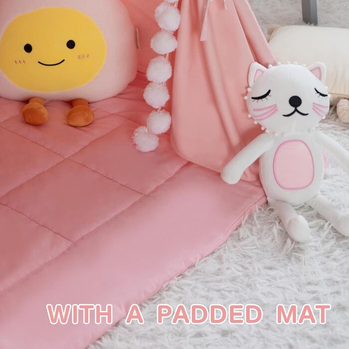 Дитяче намет Tipi з м'якою матрацом, бавовна, канвас. Намет Tipi для дітей з гірляндами, сумкою, прапором (білий, рожевий)