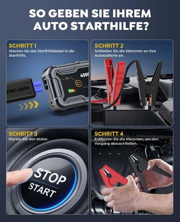 Powerbank Starthilfe AIMAPOW для автомобіля з компресором 160PSI, 27000mAh, 4000A, для бензинових та дизельних двигунів (до 12.0L), LED-ліхтар 600 LUM