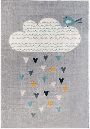 Килимок Domdeco Baby & Children's Rug YLVIE, з коротким ворсом висотою 7,5 мм, з мотивом птаха та хмари, для дитячої/дитячої/ігрової кімнати, виготовлений із синтетичних волокон, 120x170 см (світло-сірий, 120 x 170 см)