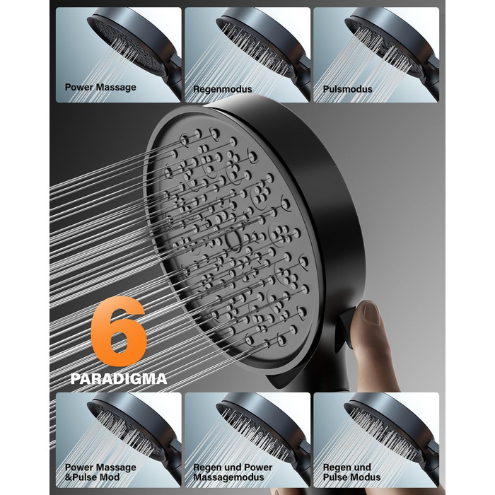 Фільтр для душу Cobbe з шлангом, високонапірна ручна лійка з 20-ступеневою фільтрацією, економна лійка з 6 режимами, підвищувач тиску для жорсткої води, чорний, 6 режимів, шланг