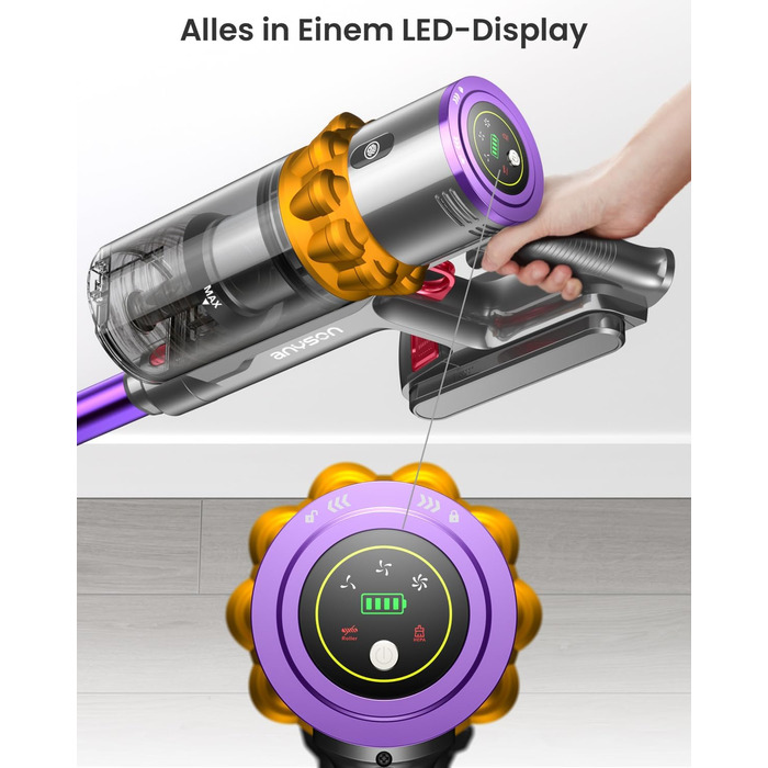 Бездротовий пилосос Anyson 45000Pa потужністю 550W з акумулятором 70Min, об'єм 1.6L, LED дисплей, антизаплутана щітка, для твердих поверхонь, килимів, шерсті тварин