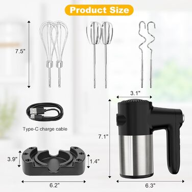 Ручний міксер електричний бездротовий з USB зарядкою, 7 швидкостей, 6 насадок (металеві віночки, гаки для тіста) - для дому