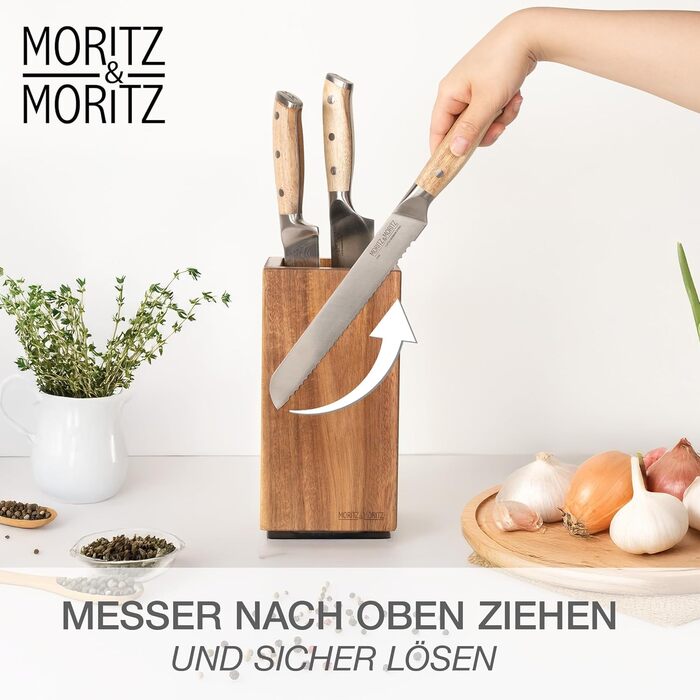 М'ясний блок Moritz & Moritz Akazie, поворотний на 360°, з магнітним утримувачем та знімним вкладишем з щетиною – зручний підставка для ножів на кухню, без ножів