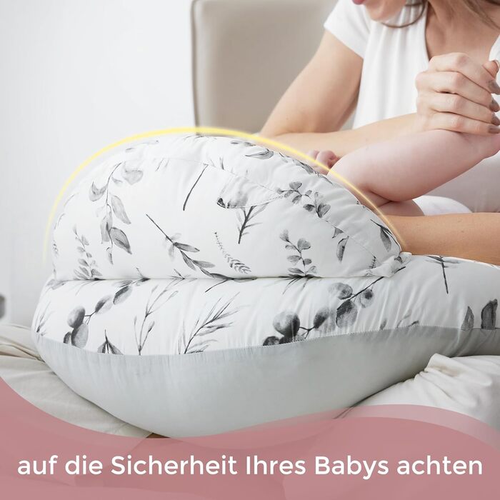 Подушка для годування Momcozy Stillkissen з безпечним бордюром – ергономічна подушка для годування та позиціонування з регульованим ремінцем та знімним бавовняним чохлом, Meteoritenschauer (Світло-сірий)