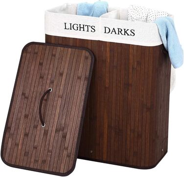 Кошик для білизни Bakaji з двома відділеннями для сортування світлого та темного одягу, бамбук та тканина, складний, з кришкою та ручками
