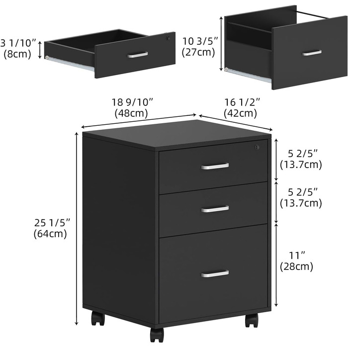 Шафа для документів на колесах SogesHome, мобільний контейнер для офісу, з 3 висувними ящиками, з ключем, білий/чорний, для дому та офісу