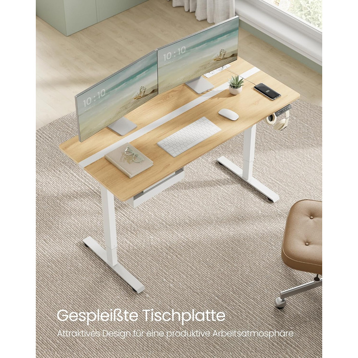 Електричний регульований стіл VASAGLE з пам'яттю висоти, з розетками та ящиком для зберігання, хмаринно-білий + золотий дуб, LSD112W01