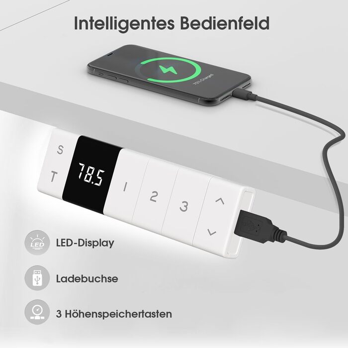 Регульований стіл 140x80 см з USB-C зарядкою, органайзером для кабелів та функцією пам'яті, білий