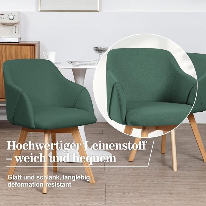 Обідні стільці Bekrvio набір 2 шт. з поворотним механізмом та підлокітниками – 360° поворотний стілець для обідньої кімнати, стілець до обіднього столу, поворотний стілець з тканини льон, стілець для обідньої кімнати з масивними ніжками з бука, м'які обідні стільці, жовтий (6 шт., льон зелений)