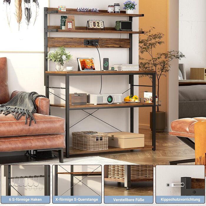 Кухонна полиця-стійка з розеткою, підставка для мікрохвильовки, 5-ярусна кавобар з LED-підсвічуванням, полиця для спецій, каструль та сковорідки, коричнева, 80 см