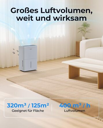 Електричний осушувач повітря 12L з таймером, для підвалів та приміщень до 122м³, з фільтром та 1м шлангом, 10 років гарантії, 50л/день
