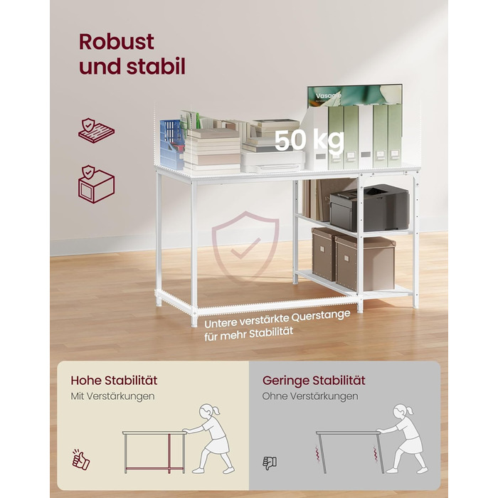 Кутовий стіл VASAGLE L-подібної форми з полицею, для офісу вдома, 110 x 80 см, колір: Акорн-білий