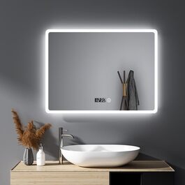 Дзеркало для ванної кімнати Badspiegel 50x70 з годинником та підсвічуванням 3 кольорів, сенсорне управління, прямокутне, 60x80x3.5 см