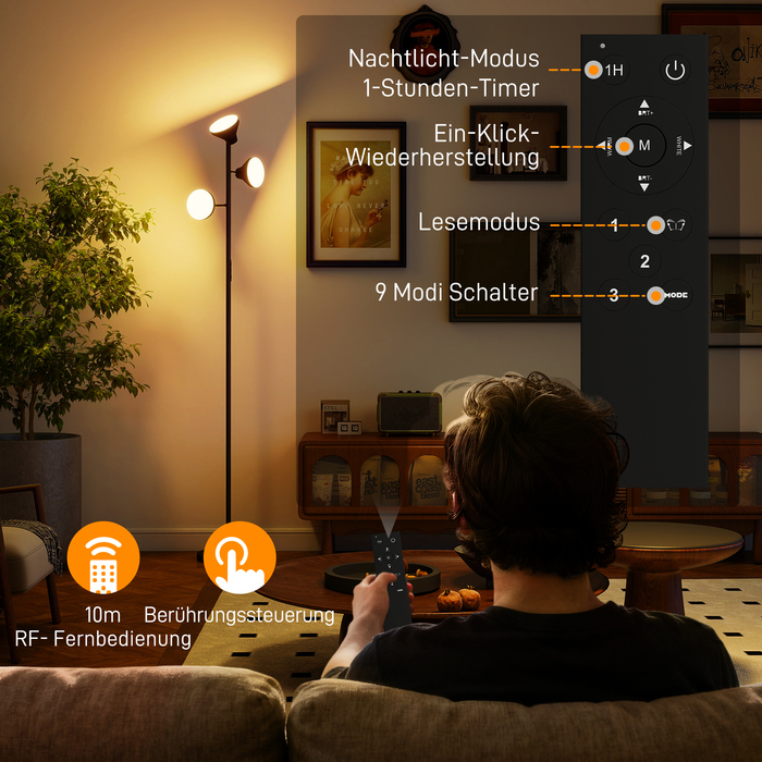 Стильна підлогова лампа з регулюванням яскравості та лампою для читання, RGB-підсвічування з можливістю зміни кольору, керування за допомогою пульта дистанційного керування та сенсорної панелі, 3 поворотні головки, чорний колір.