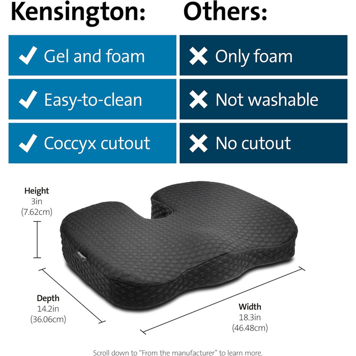 Подушка для сидіння Kensington K55807WW Premium з охолодженим гелем для підтримки спини та корекції постави | Ортопедична подушка для сидіння