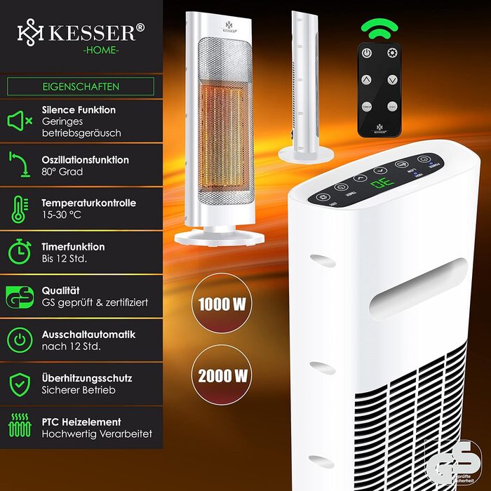Обігрівач KESSER® 2000W з пультом керування, тихий, енергозберігаючий, керамічний, з осциляцією 80°, таймером 24 год, білий