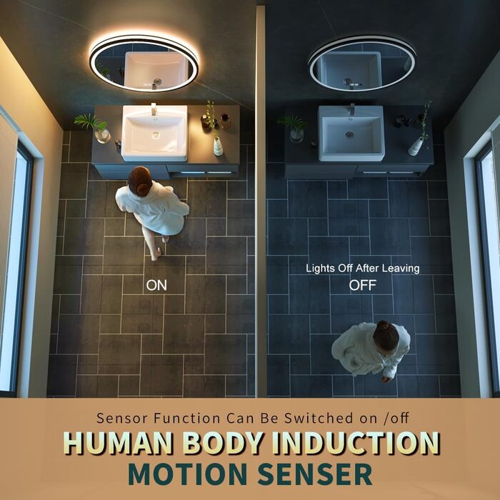 Дзеркало з LED-підсвіткою, кругле, з датчиком руху, для макіяжу, регульоване, антизапар, водонепроникне IP44, для ванної кімнати, настінне, діаметр 90 см