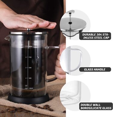 Френч-прес 400 мл-високоякісний прес для кави з нержавіючої сталі з 4-ступінчастим фільтром-Кавоварка з термостійким графином