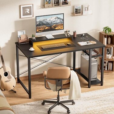 Ігровий стіл з LED підсвічуванням та розетками, стіл для комп'ютера з USB, стіл для ПК з підставкою для монітора, сучасний офісний/письмовий стіл для офісу та ігрової кімнати, чорний