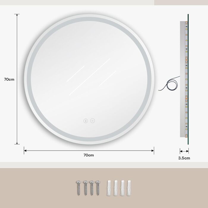 Дзеркало для ванної кімнати Dripex круглої форми з підсвічуванням LED, сенсорне керування, регулювання яскравості, 3 кольори світла, запобігання запотіванню, 50x50 см (Bluetooth, запобігання запотіванню, 3 кольори, регулювання яскравості)