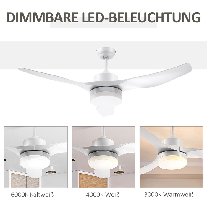 Вентилятор стельовий HOMCOM з LED-підсвіткою, 2-в-1, з таймером та пультом дистанційного керування. Білий стельовий світильник-вентилятор.