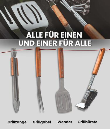 Набір для гриля: щипці, лопатка, виделка, щітка для чищення. Підходить для газових грилів. Подарунковий набір з нержавіючої сталі та акації (4 шт.)