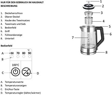 Електричний чайник Emerio WK-122248 з боросилікатного скла, 1.7л, чорний/срібний, з автоматичним ситом, регулювання температури, 2200 Вт