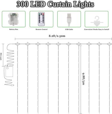 Світлодіодна завіса-3 м * 3 м 300 Світлодіодна гірлянда для штор батарея 8 режимів водонепроникний USB гірлянда для штор з дистанційним управлінням