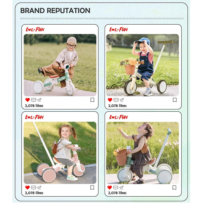 Дитячий біговел-триколіс LOL-FUN 5-в-1 з ручкою для штовхання, зелений оливковий, для хлопчиків та дівчаток від 1 року