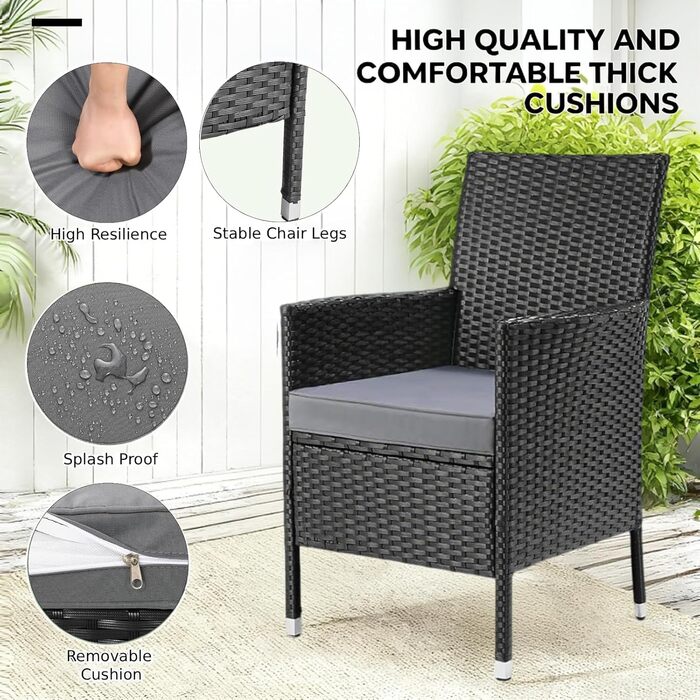 Набір меблів для балкона LIFERUN 3 шт. з ротангу, подушками та склом, чорний