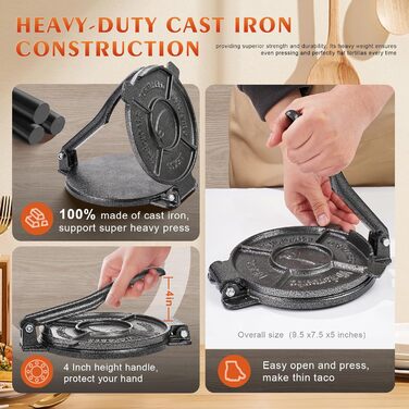 Прес для тортилій з чавуну Vivicreate, 19,1 см. Прес для тіста, роті, мексиканської кухні