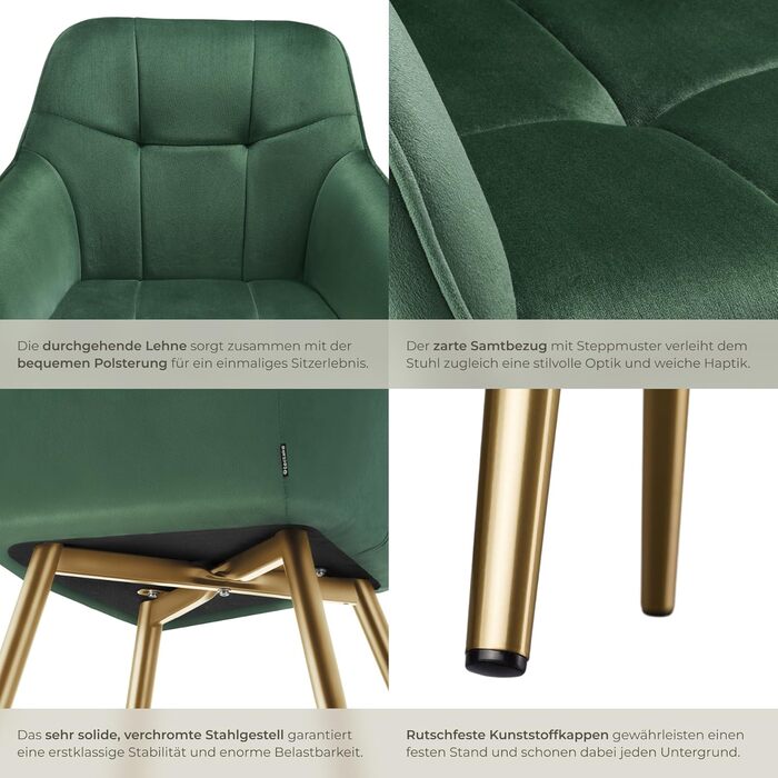 Крісло tectake® з оксамиту, сучасні кухонні стільці, крісло для вітальні, стілець для туалетного столика - (набір 1 шт, темно-зелений/золотий)