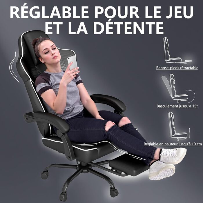 Ергономічне геймерське крісло з підніжкою, підголівником та підтримкою попереку. Регульоване геймерське крісло для дому та офісу. Біле.