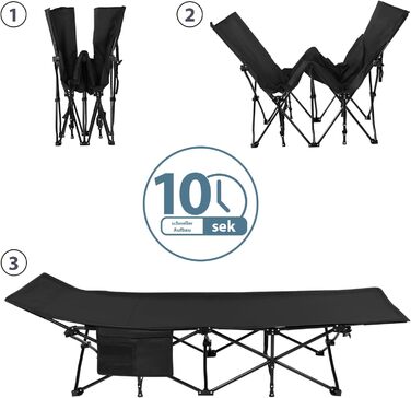 Розкладне кемпінгове ліжко ALPIDEX до 200 кг з м'яким матрацом та бічною кишенею, чорне