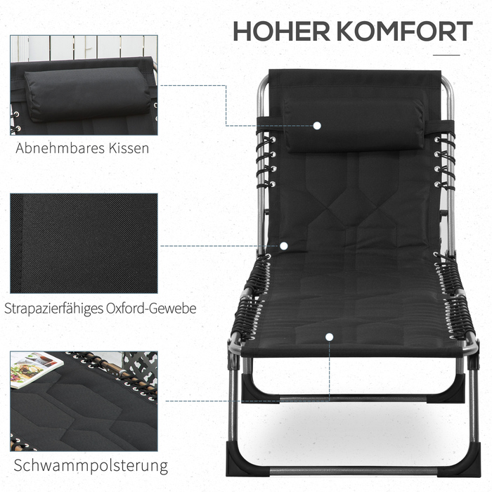 Складний розкладний шезлонг Outsunny Sun Lounger з подушкою 5-рівнева регульована спинка сталева оксфордська тканина чорний 188x57x30см для саду та патіо