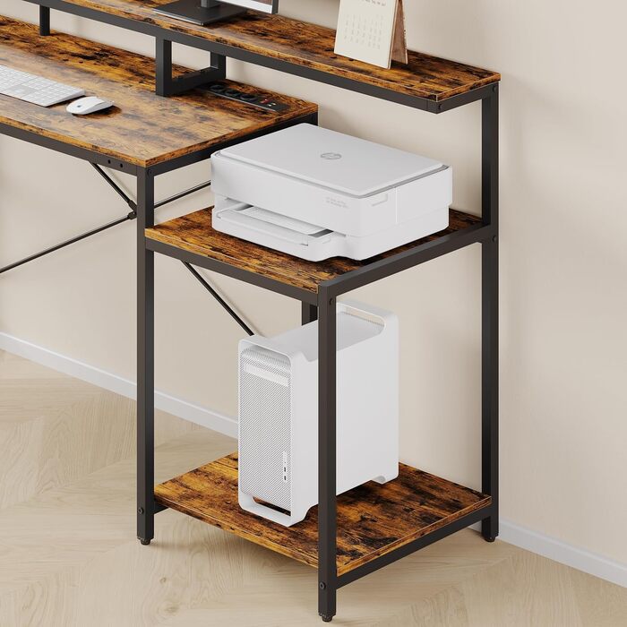 Ігровий стіл Bestier 181x80 см з LED-підсвіткою, L-подібний, 3 розетки AC, 2 USB, для комп'ютера, з великою платформою для монітора, карбон (коричневий)