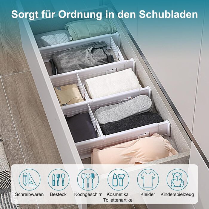 Організатори для ящиків MOFELON (8 шт.), регульовані роздільники для ящиків (33-58.5 см, 6.4 см H), система організації для шаф, комодів, кухні, спальні, ванної кімнати - білий