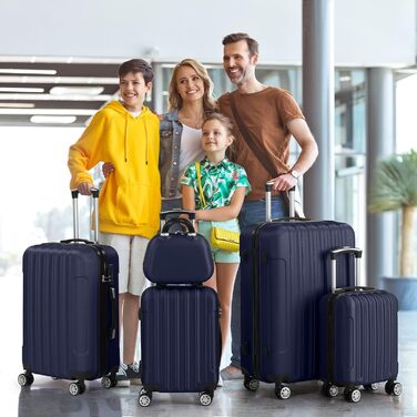 Набір валіз LALAHO 5 шт. з косметичками, з ABS пластику, для подорожей, ручна та велика валіза, блакитний (смужки)