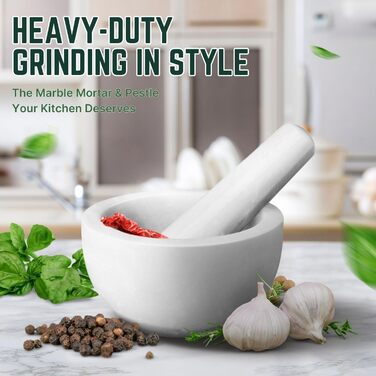 Мраморний ступка з товкачем Flexzion 14 см - набір для спецій, кухонний прилад, білий