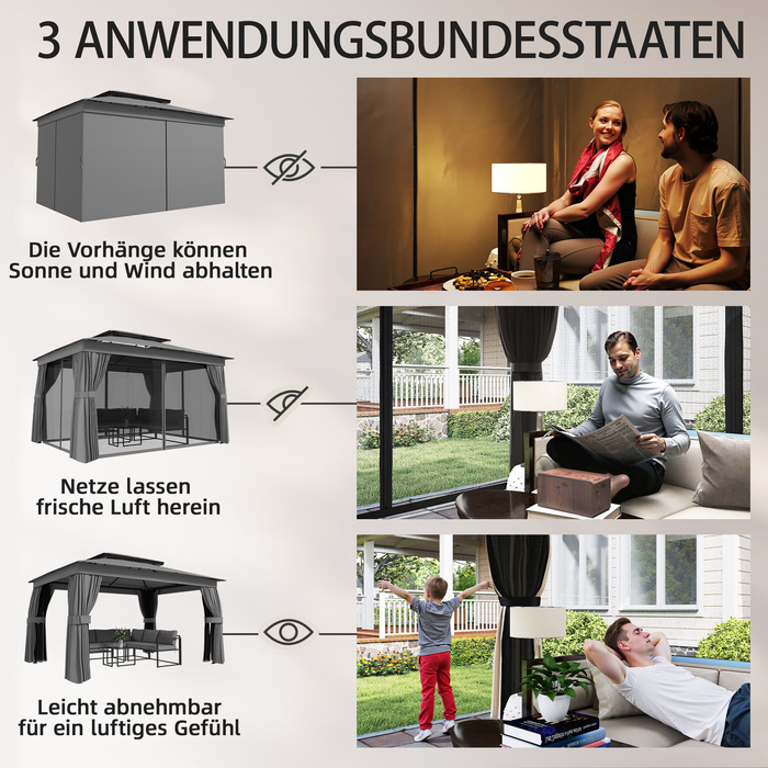 Газонний павільйон 3,8x3м, водовідштовхувальний, стабільний, зимостійкий. Ідеально підходить для саду. Оснащений подвійним дахом, шторами та москітною сіткою. Має гачки для підвішування. Колір: темно-сірий.