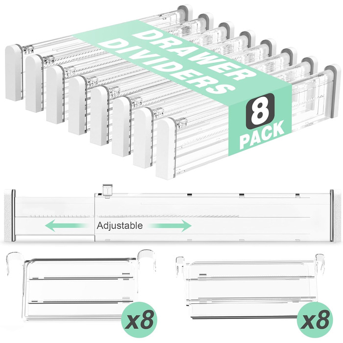 FUNIZE Регульовані роздільники для ящиків з вставками, 8 шт., роздільники 32-58 см + 16 шт. вставок 9-18 см, органайзер для ящиків, кухня, спальня, офіс, прозорий, 6 см висота