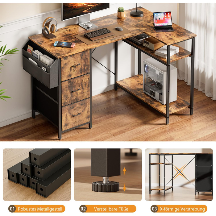 Комп'ютерний стіл HLONONE L-подібний з 3 висувними ящиками для тканини, з полицями та бічною кишенею, для офісу, геймінгу та дому, білий (140 x 80 см, коричневий)