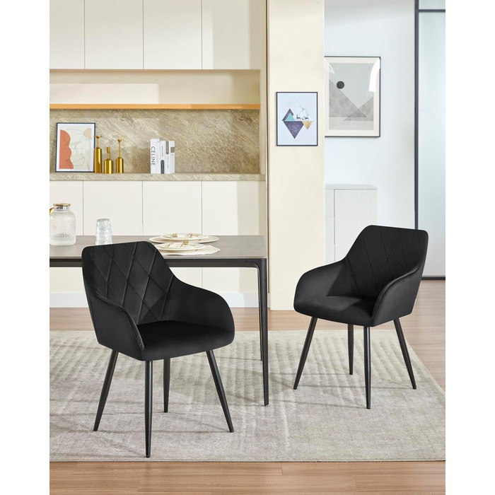Набір обідніх стільців Woltu з підлокітниками та спинкою, для кухні, вітальні, їдальні, м'який оксамитовий чохол, металеві ніжки (Чорний, 8 шт.)