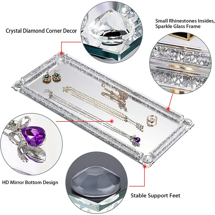 Скляний дзеркальний піднос з алмазною рамкою прямокутний декоративний піднос для демонстрації-кришталевий піднос для косметичної парфумерії та ювелірних виробів, піднос для чашок для чашок (35x15 см), 30x20