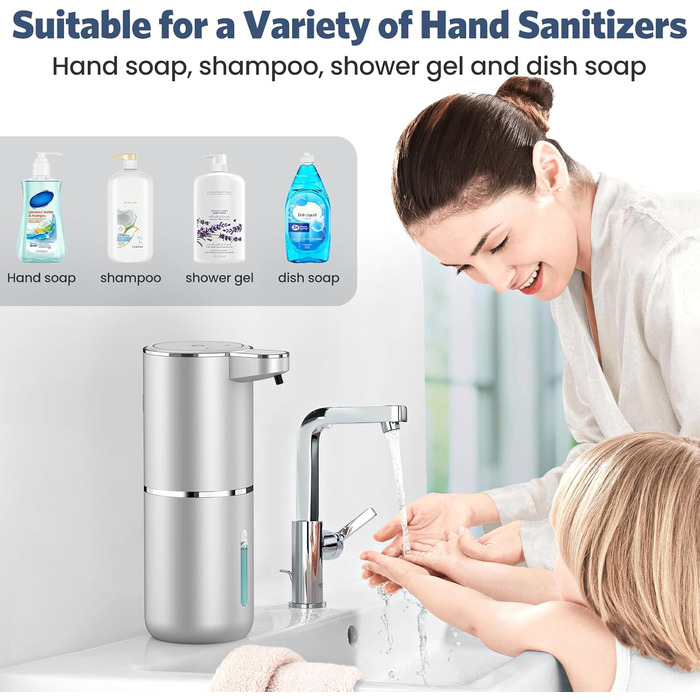 Автоматичний дозатор мила, 380 мл, електричний, з датчиком, USB, водонепроникний, для кухні, ванної, школи, готелю, сріблястий
