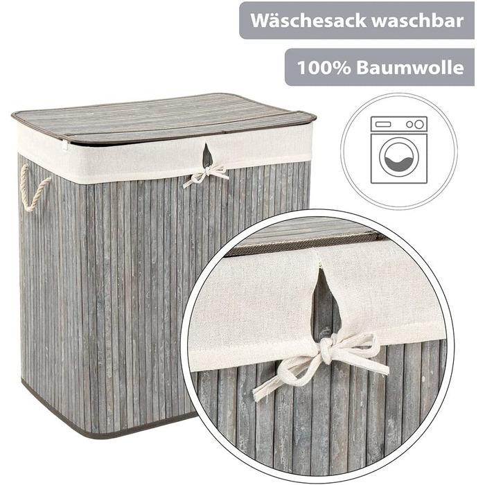 Бамбуковий кошик для білизни PANA ECO з кришкою * дерев'яна сумка для білизни * складаний колектор для білизни шафа для білизни у ванній 100 бамбук * колір розмір (104l (52 x 32 x 63 см), сірий камінь)