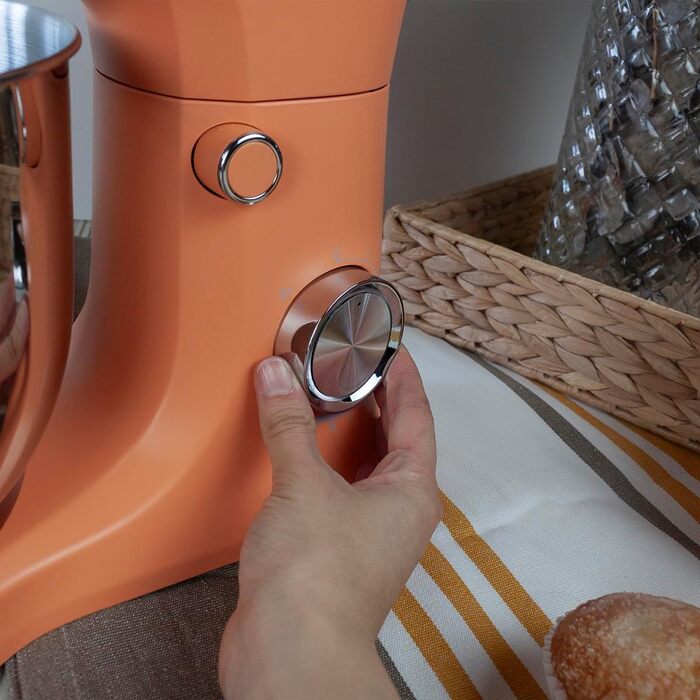Міксер Prixton KR250 для випічки, 1500 Вт, 10 швидкостей, чаша 5 л з нержавіючої сталі, 3 насадки, прозорий ковпак (Оранжевий)